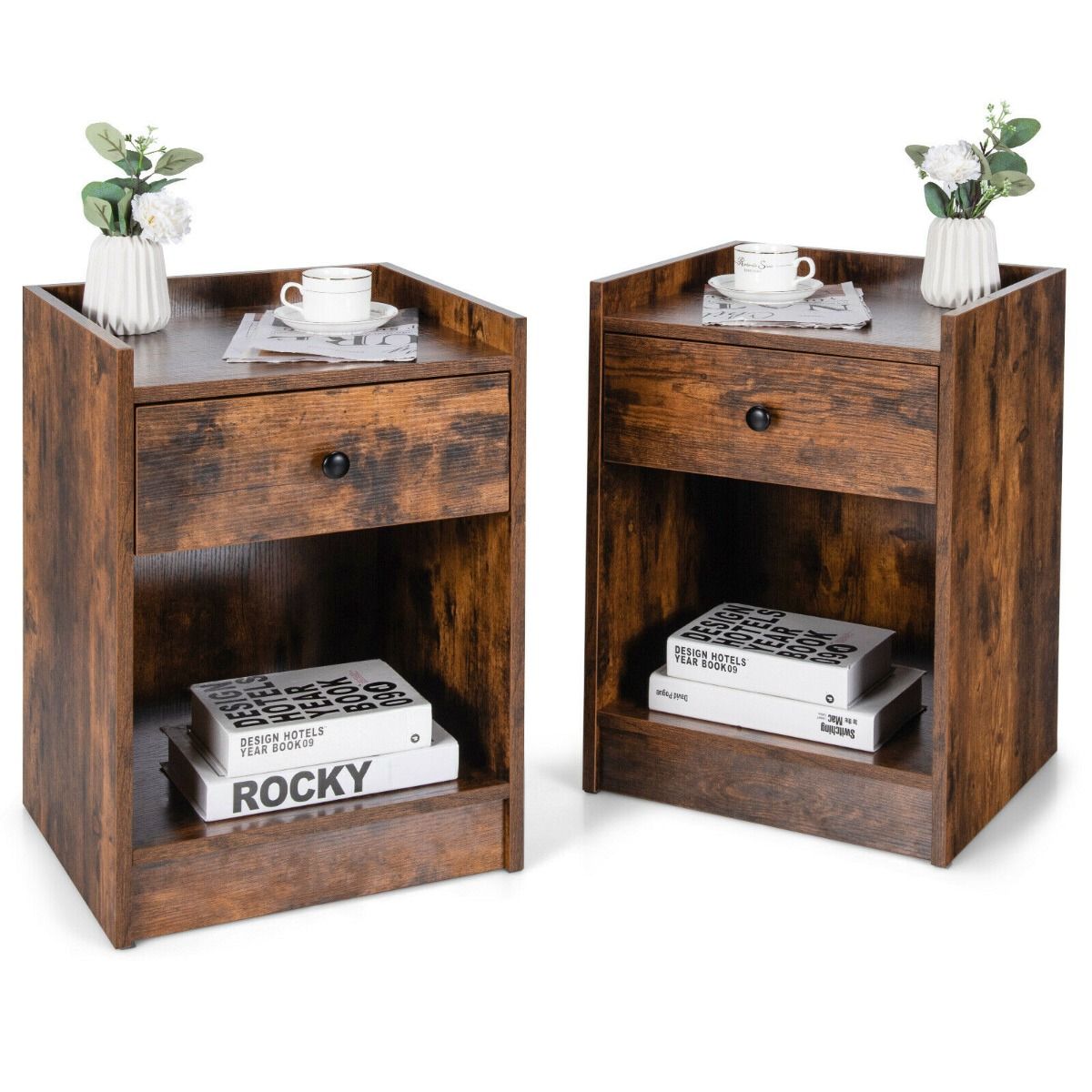 Set of 2 Bedside Table with a Drawer and Open Shelf Brown